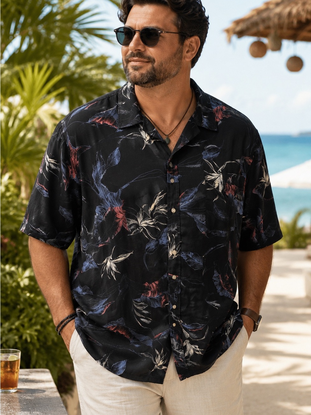 Honolulu Hawaiian Shirt Men’s 2XL Black Tropical Floral Aloha Camp Shirt